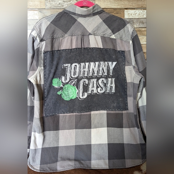 Johnny Cash Upcycled Handcrafted Button Down Gray Shirt - Picture 2 of 15